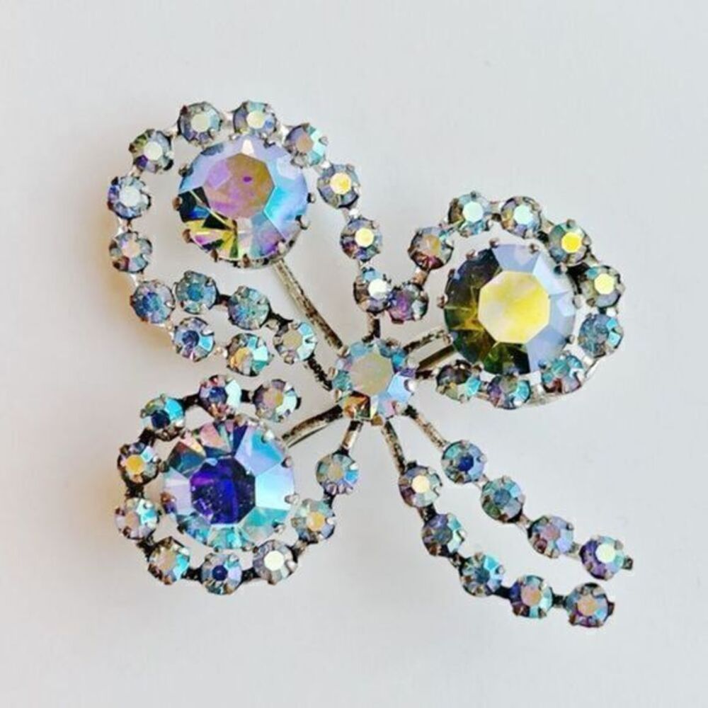 Vintage Signed Triad Blue Rhinestone Clover Brooch